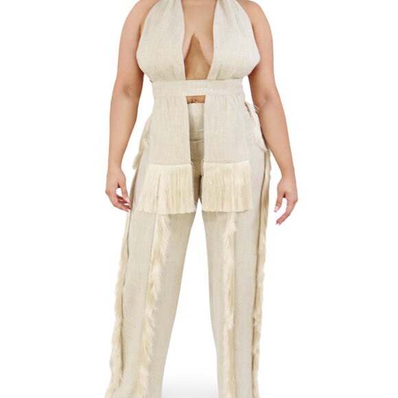Beige Fringe Wide-Leg Pants